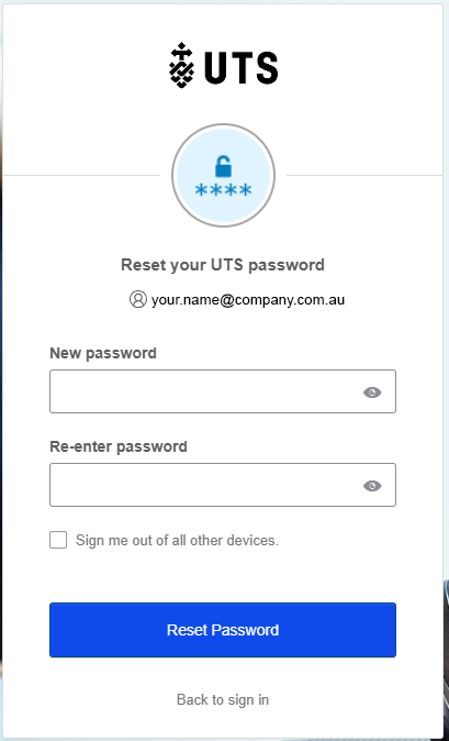 uts open log in enter new password screen